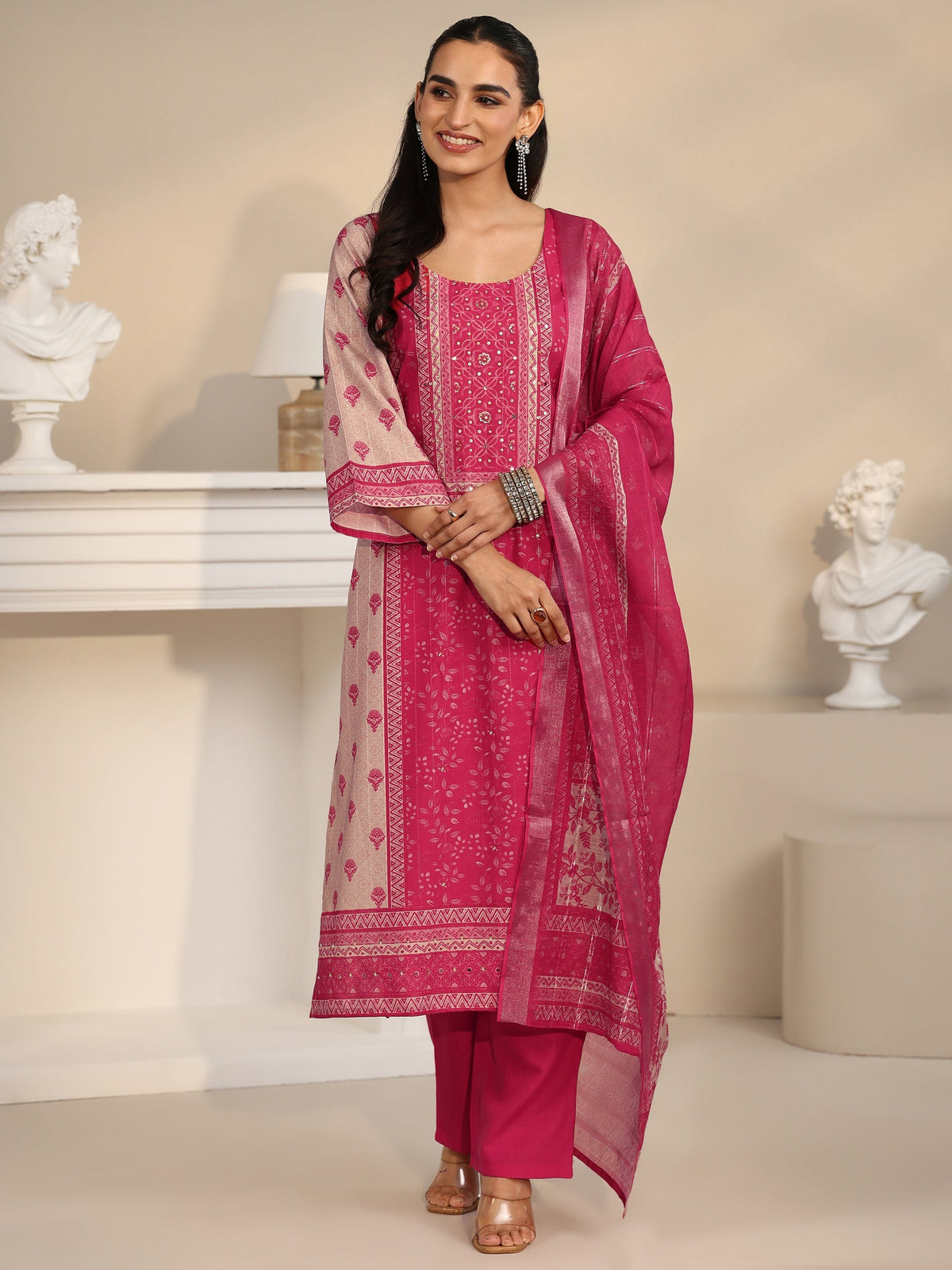 Anouk Pink Floral Printed Linen Straight Suit Set