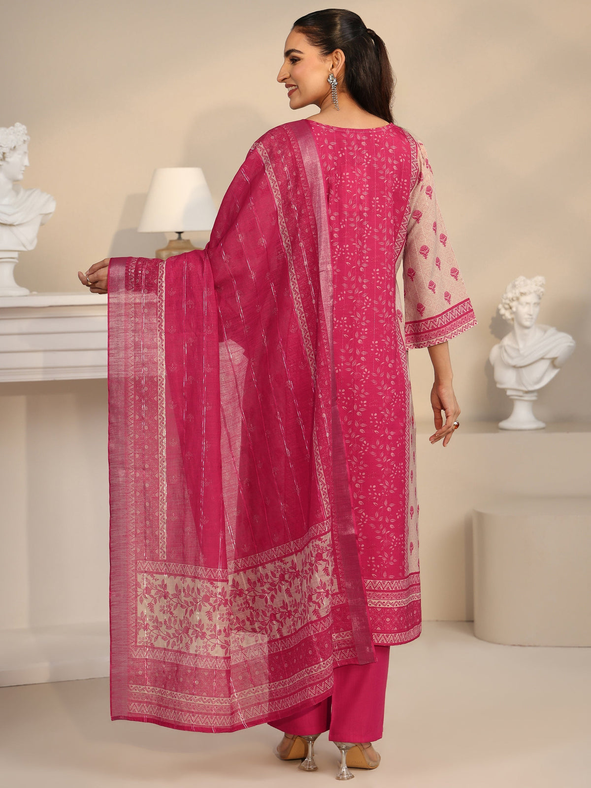 Anouk Pink Floral Printed Linen Straight Suit Set