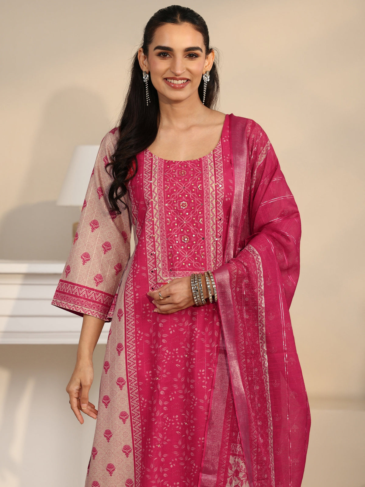 Anouk Pink Floral Printed Linen Straight Suit Set