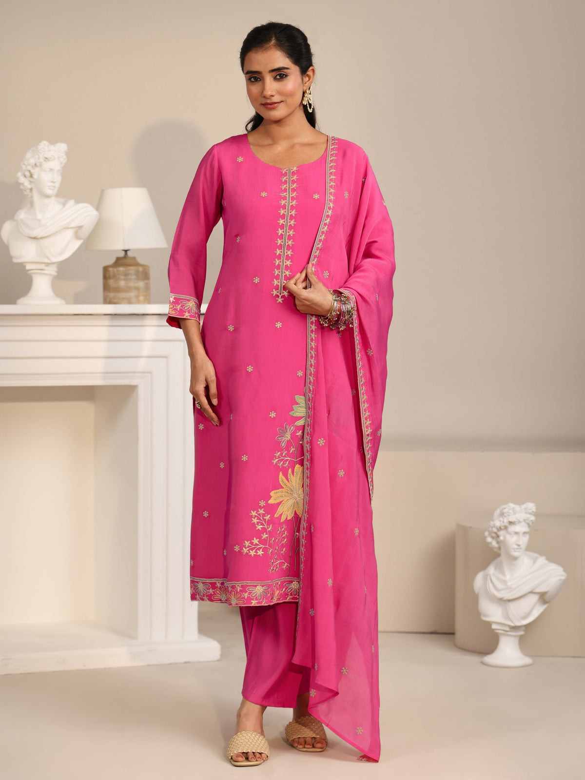 Anouk Hot Pink Floral Embroidered Chanderi Silk Straight Suit Set