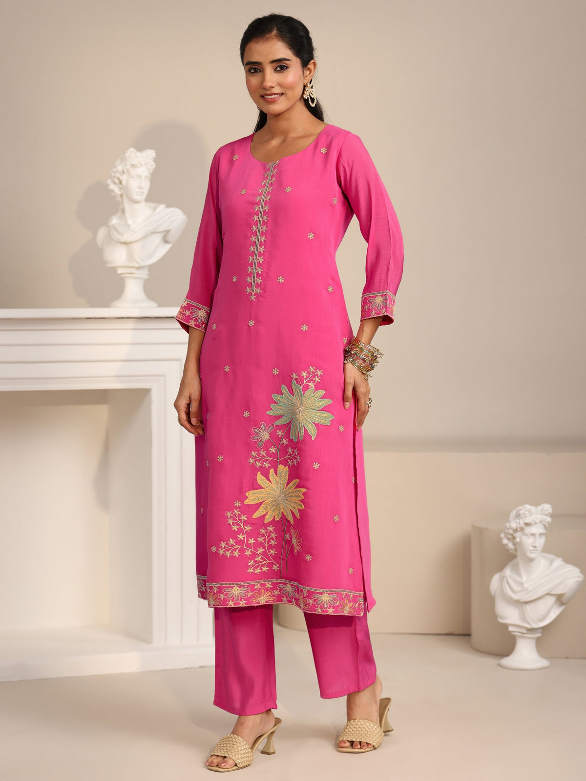 Anouk Hot Pink Floral Embroidered Chanderi Silk Straight Suit Set