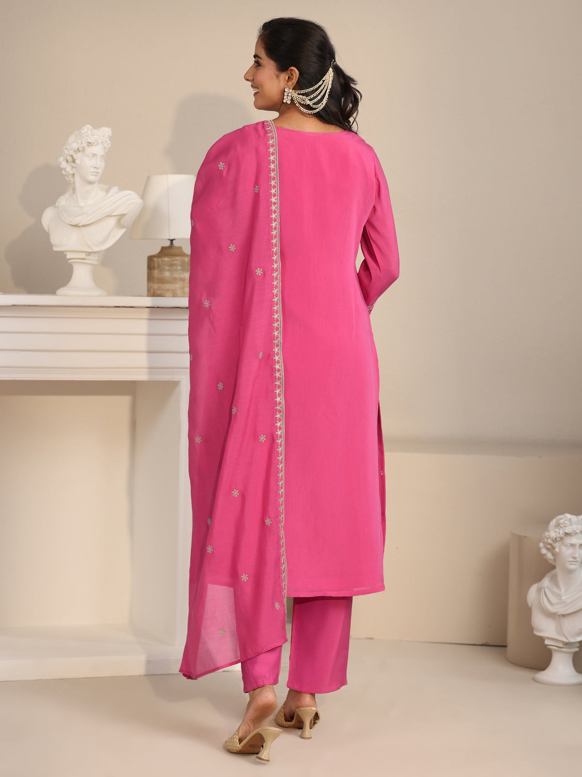 Anouk Hot Pink Floral Embroidered Chanderi Silk Straight Suit Set