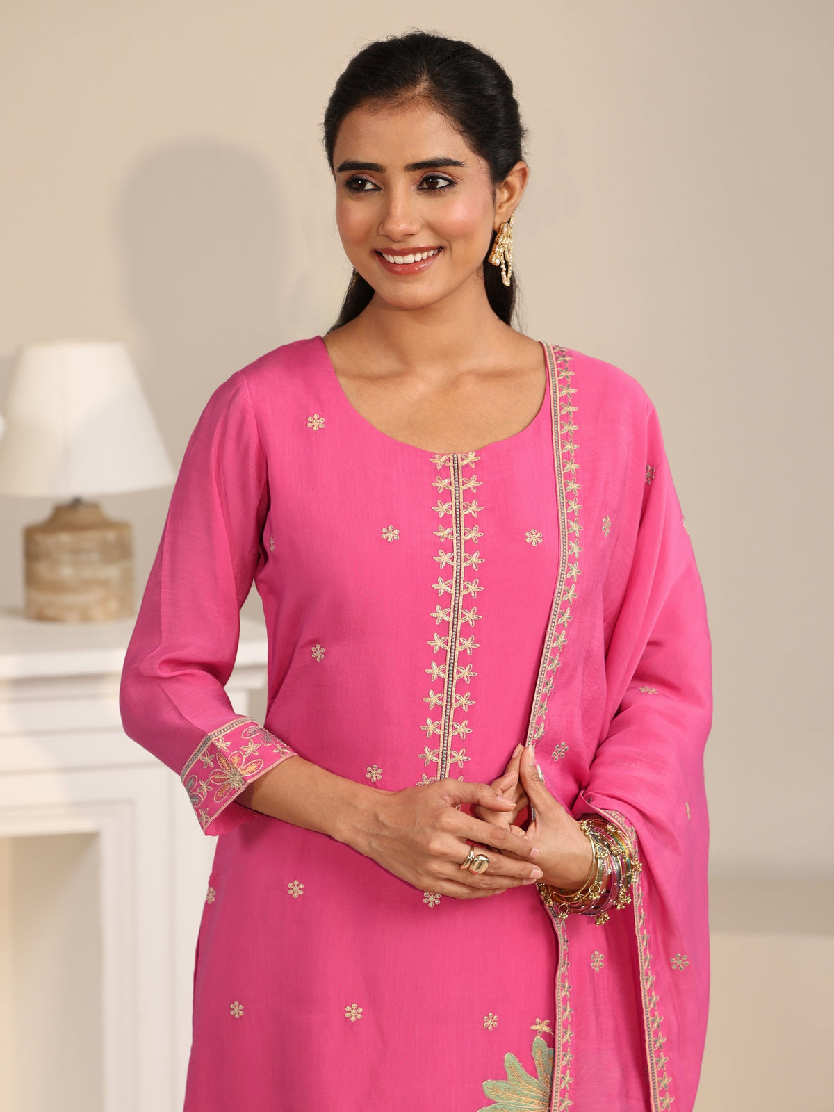 Anouk Hot Pink Floral Embroidered Chanderi Silk Straight Suit Set
