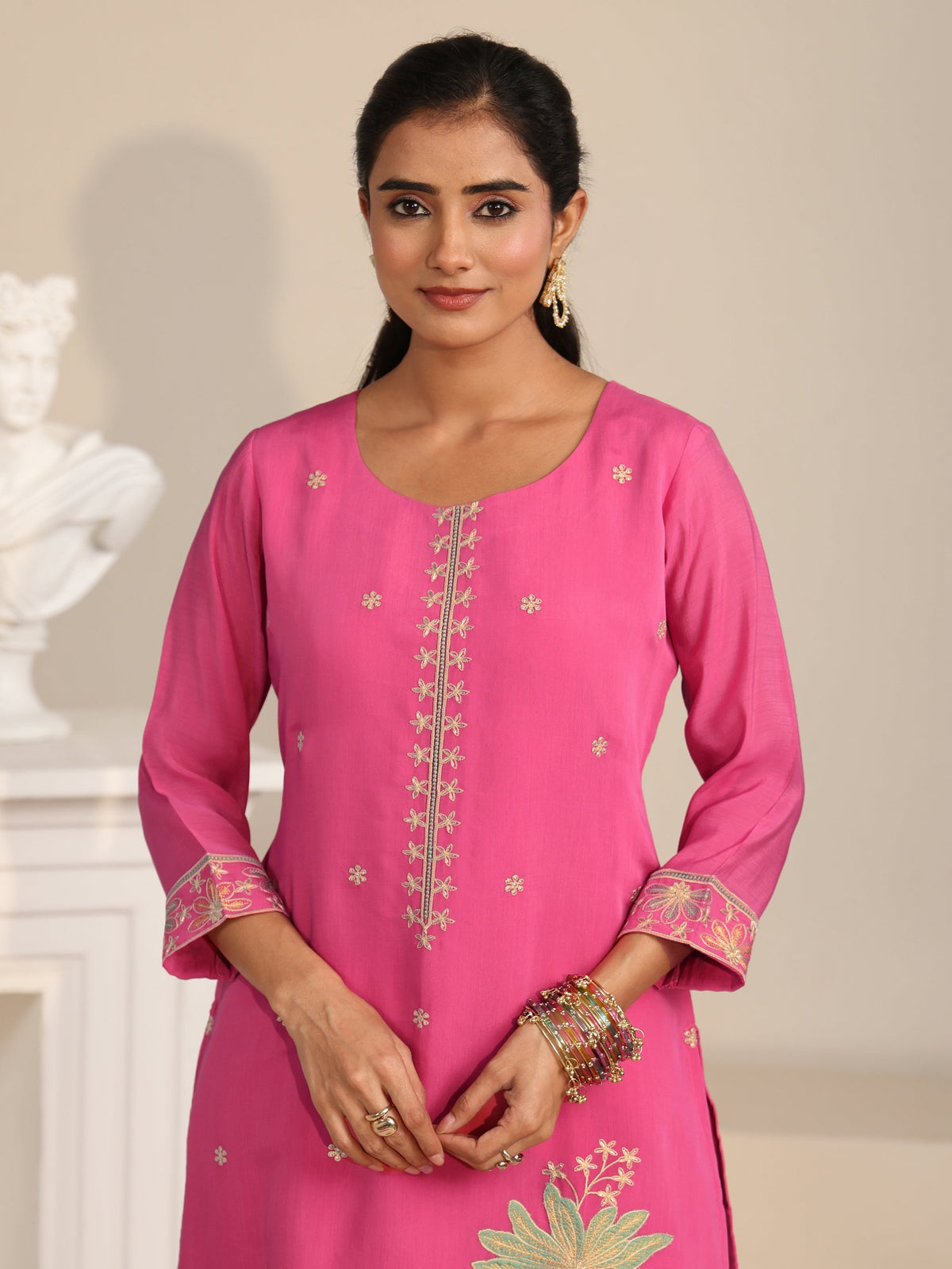 Anouk Hot Pink Floral Embroidered Chanderi Silk Straight Suit Set