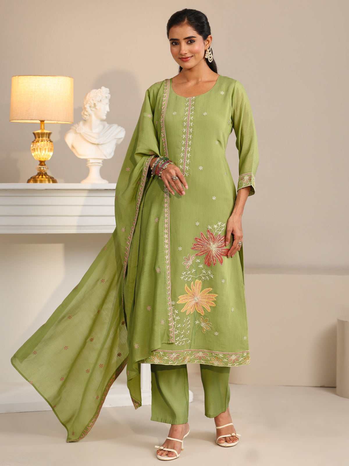 Anouk Pista Green Floral Embroidered Chanderi Silk Straight Suit Set