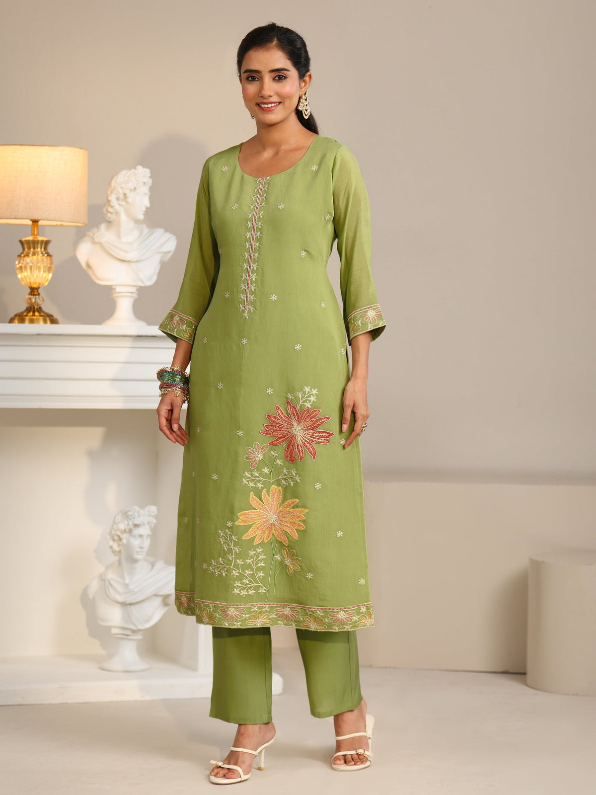 Anouk Pista Green Floral Embroidered Chanderi Silk Straight Suit Set