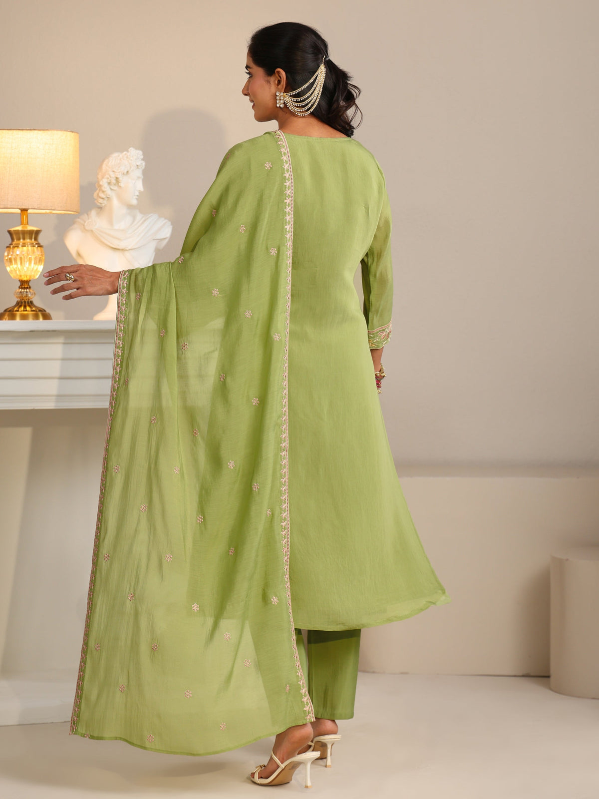 Anouk Pista Green Floral Embroidered Chanderi Silk Straight Suit Set