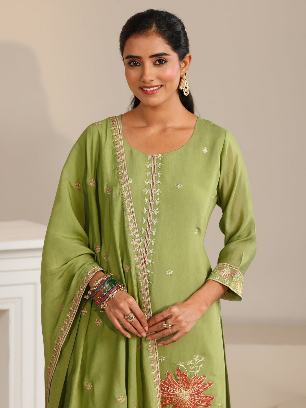 Anouk Pista Green Floral Embroidered Chanderi Silk Straight Suit Set