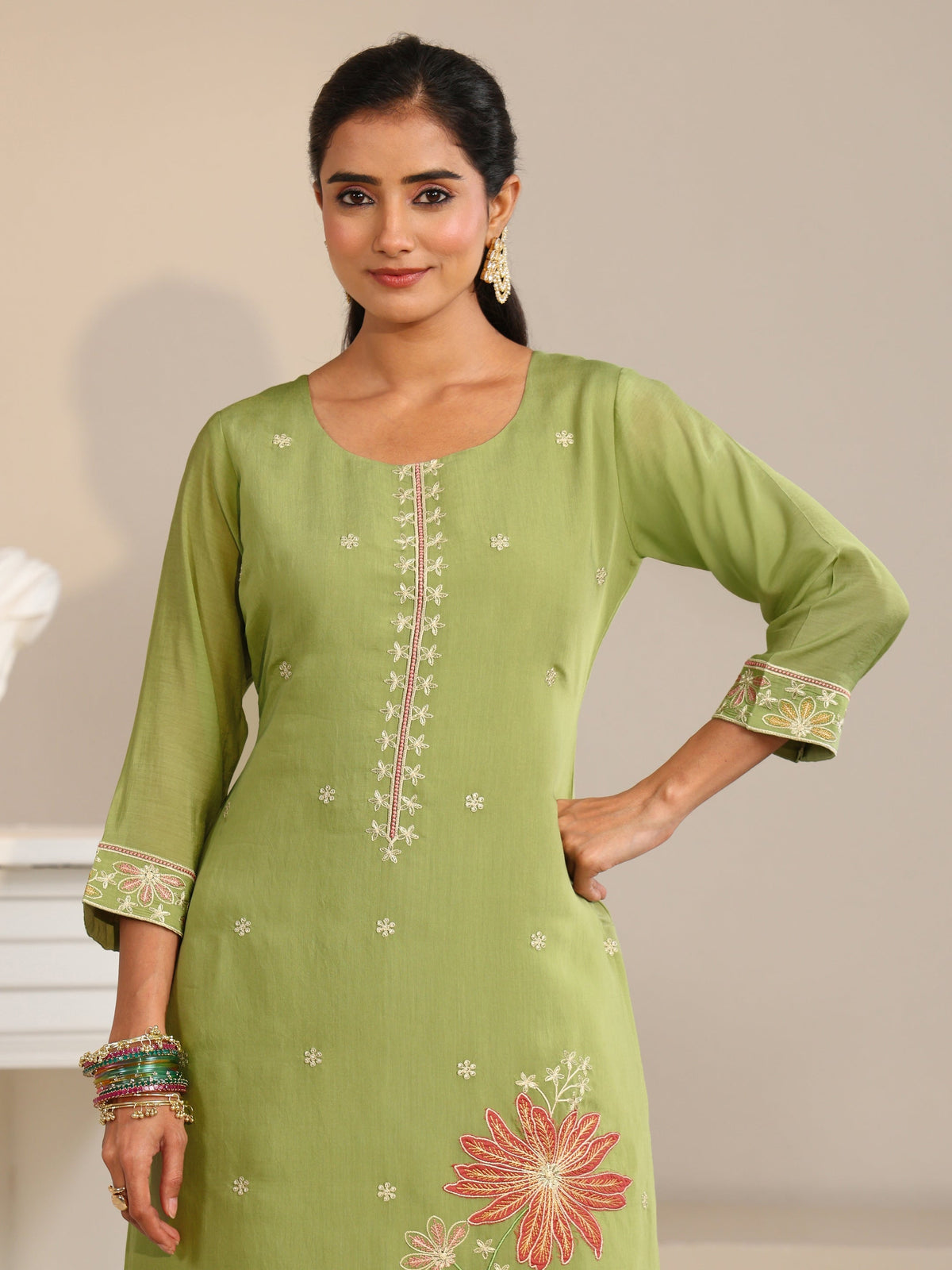 Anouk Pista Green Floral Embroidered Chanderi Silk Straight Suit Set