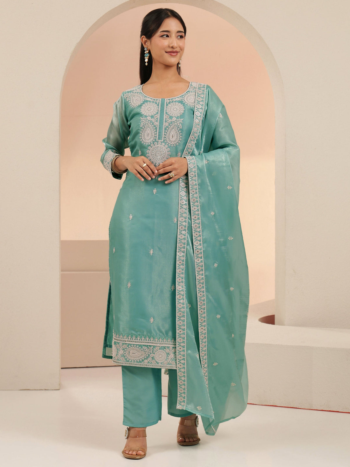 Anouk Arctic Blue Embroidered Tissue Straight Suit Set