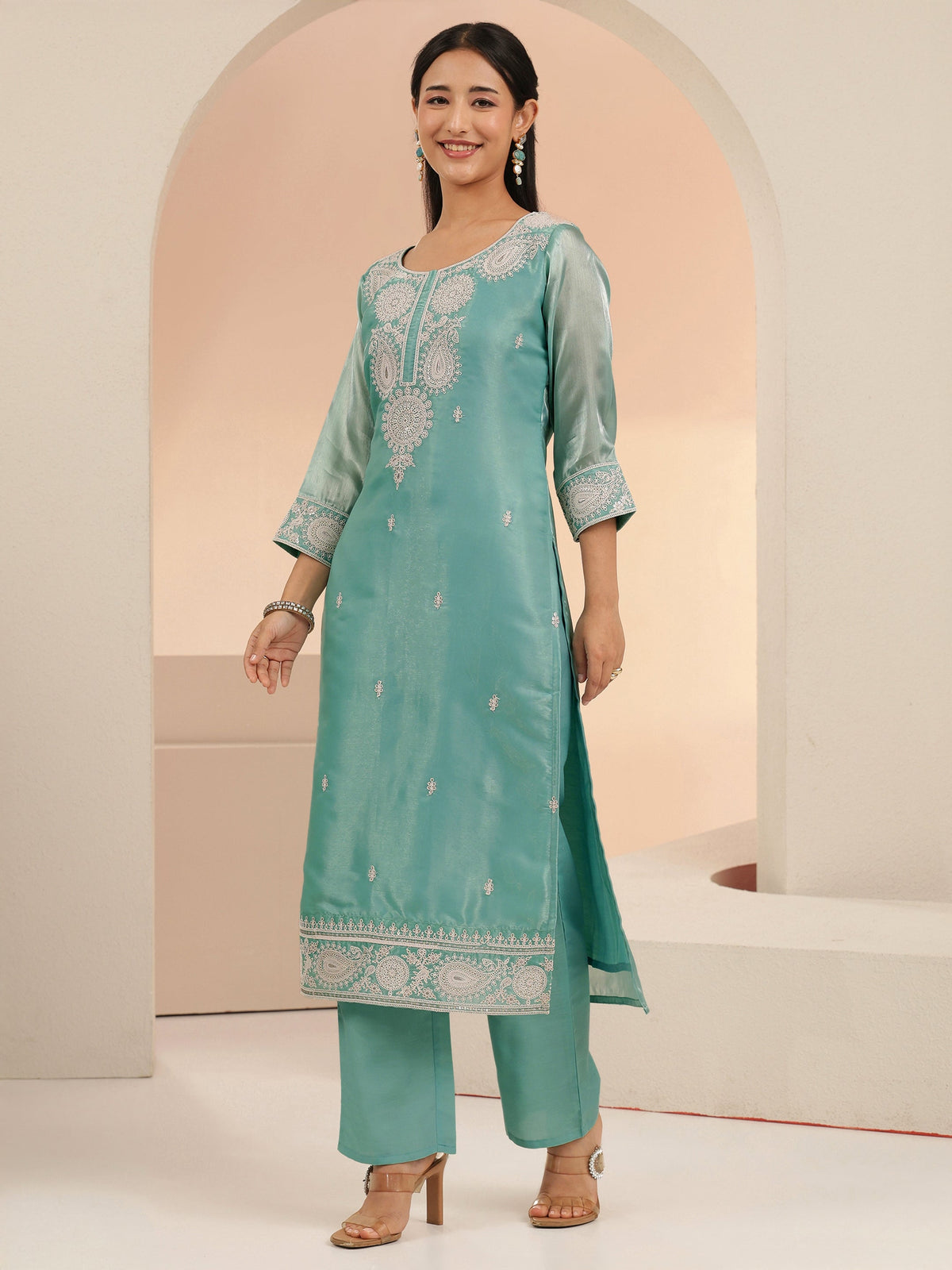 Anouk Arctic Blue Embroidered Tissue Straight Suit Set