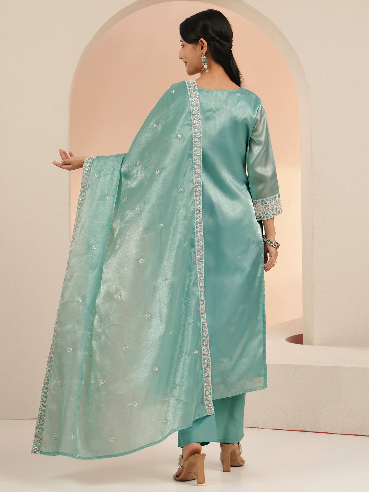 Anouk Arctic Blue Embroidered Tissue Straight Suit Set