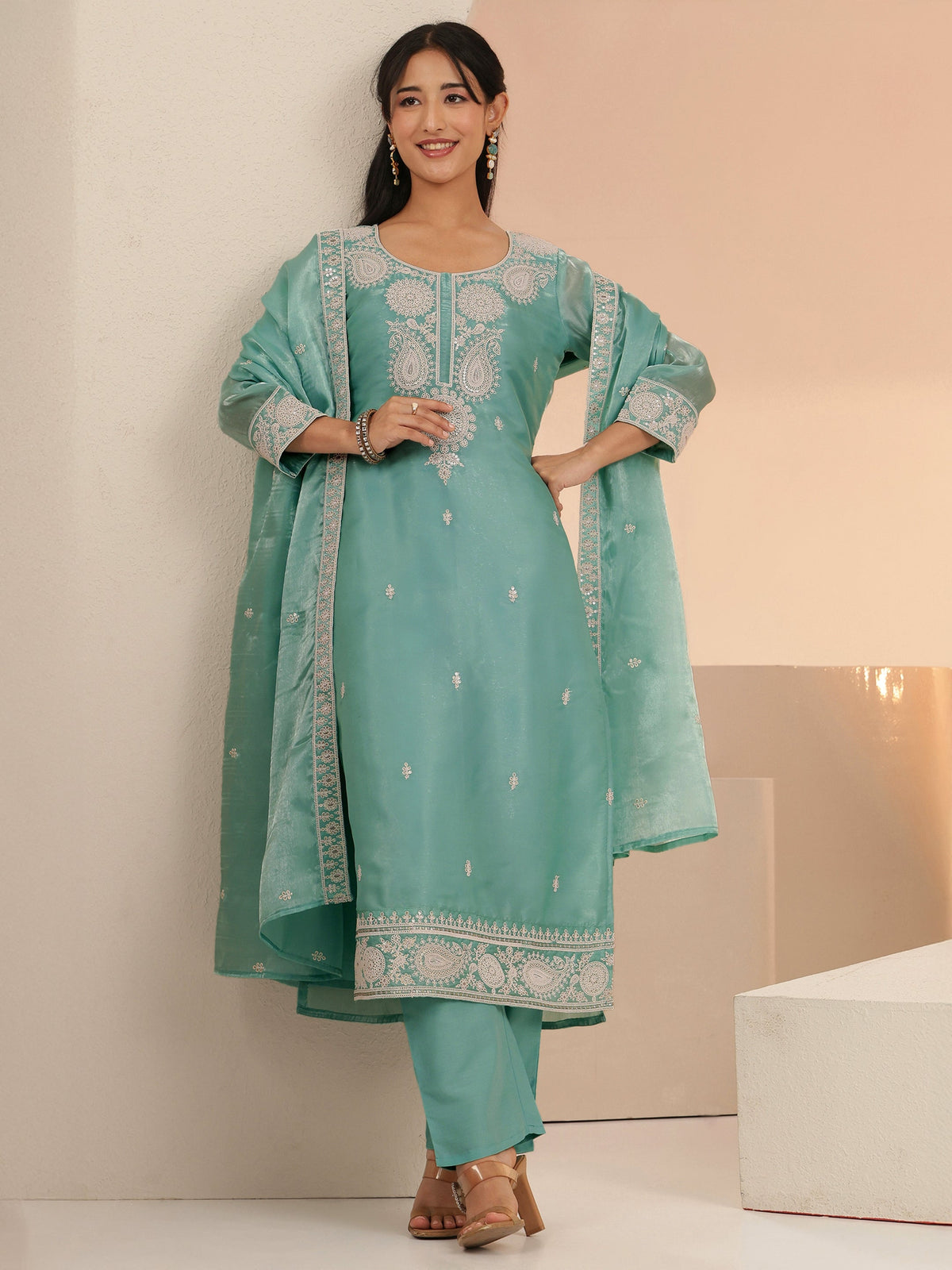 Anouk Arctic Blue Embroidered Tissue Straight Suit Set