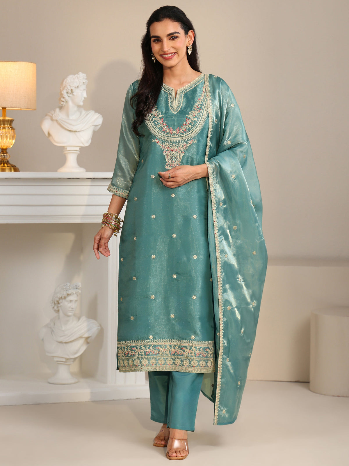 Anouk Aqua Blue Ethnic Embroidered Tissue Straight  Suit Set