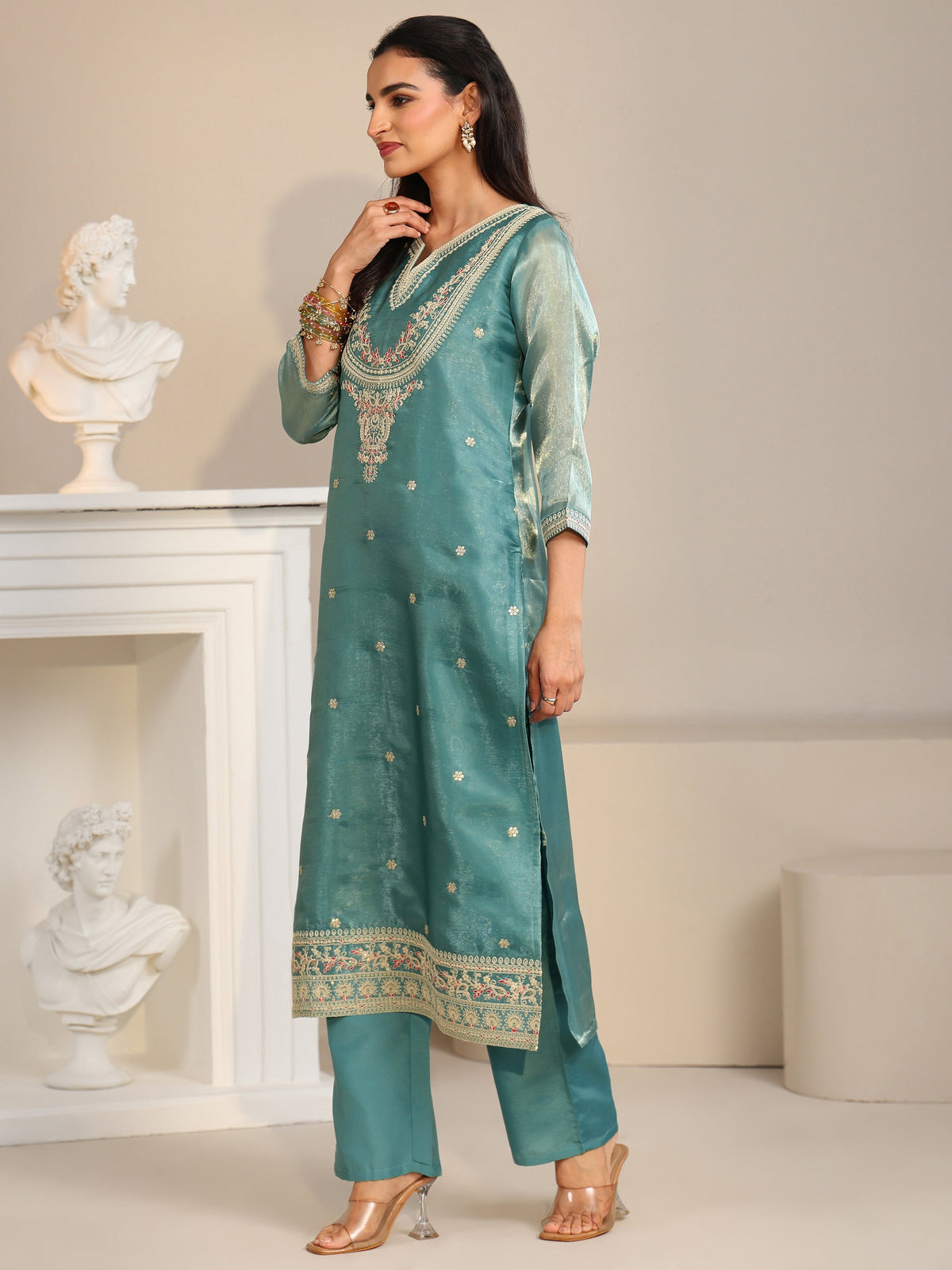 Anouk Aqua Blue Ethnic Embroidered Tissue Straight  Suit Set