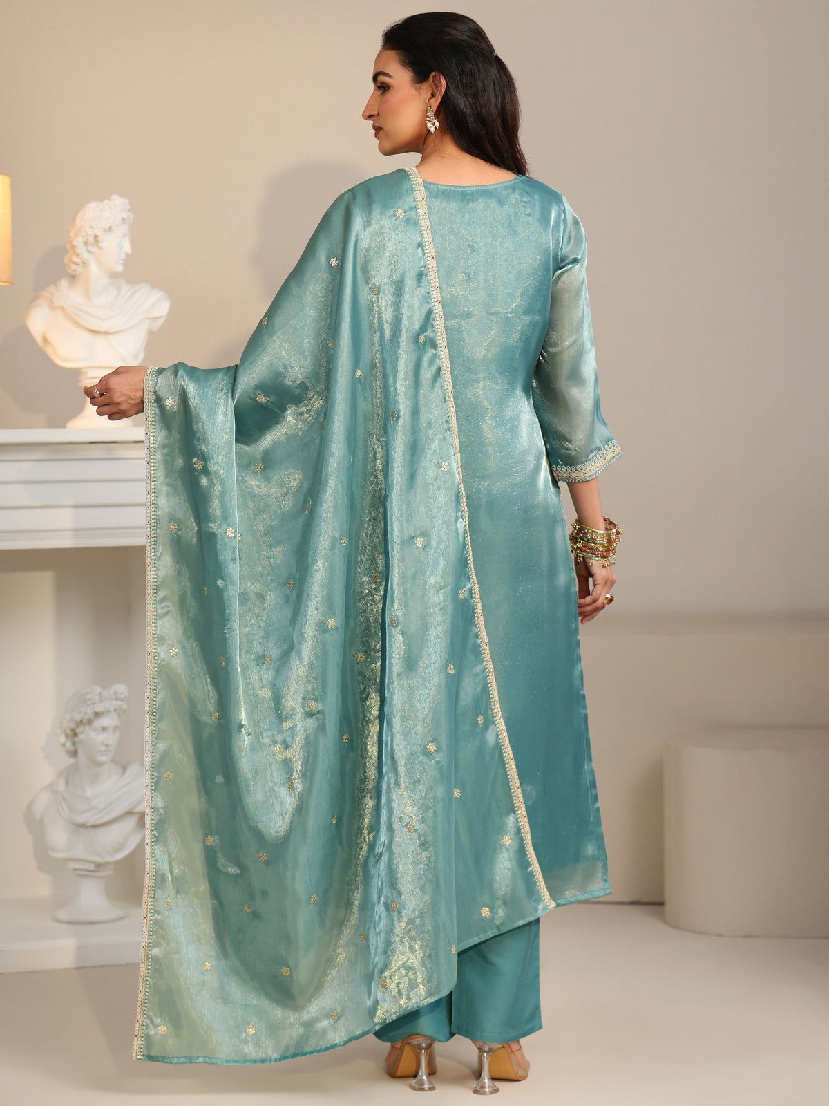 Anouk Aqua Blue Ethnic Embroidered Tissue Straight  Suit Set