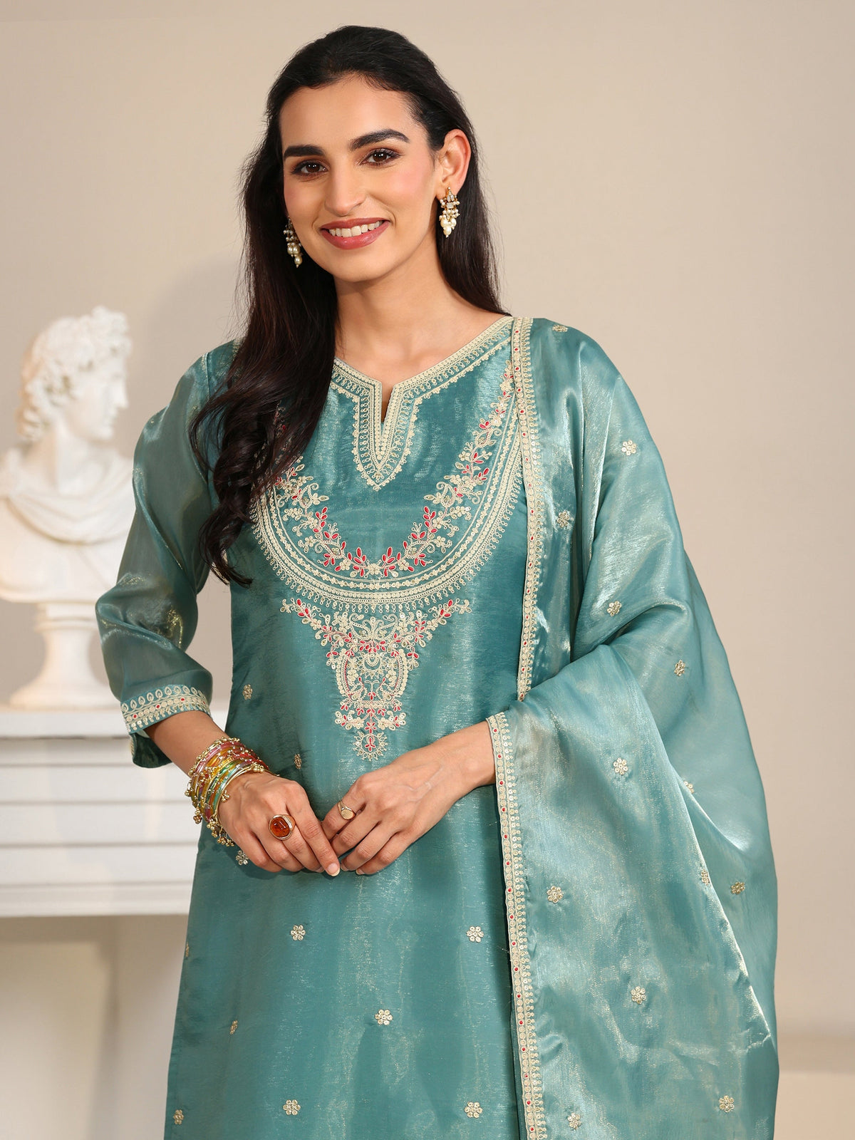 Anouk Aqua Blue Ethnic Embroidered Tissue Straight  Suit Set