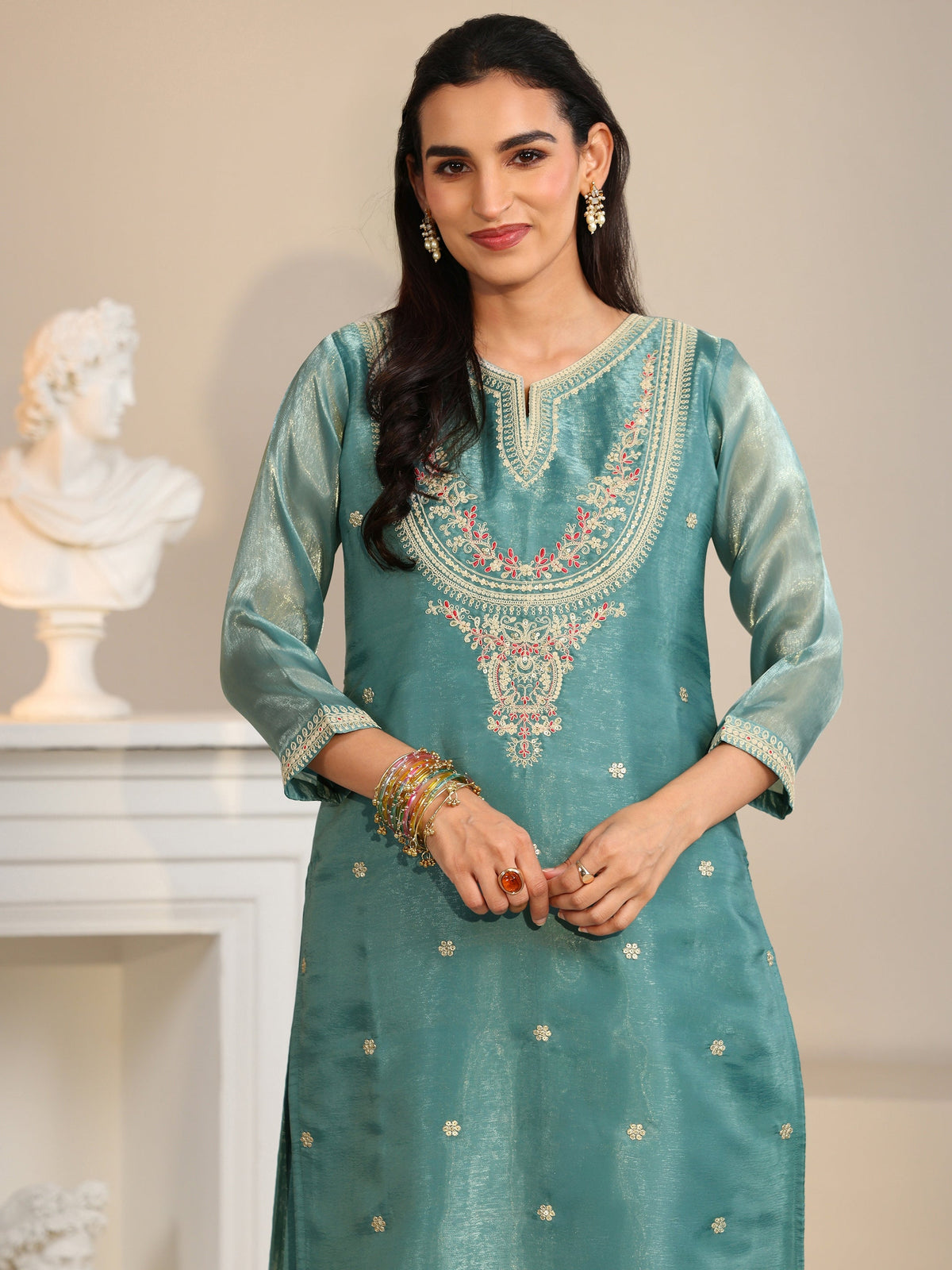 Anouk Aqua Blue Ethnic Embroidered Tissue Straight  Suit Set