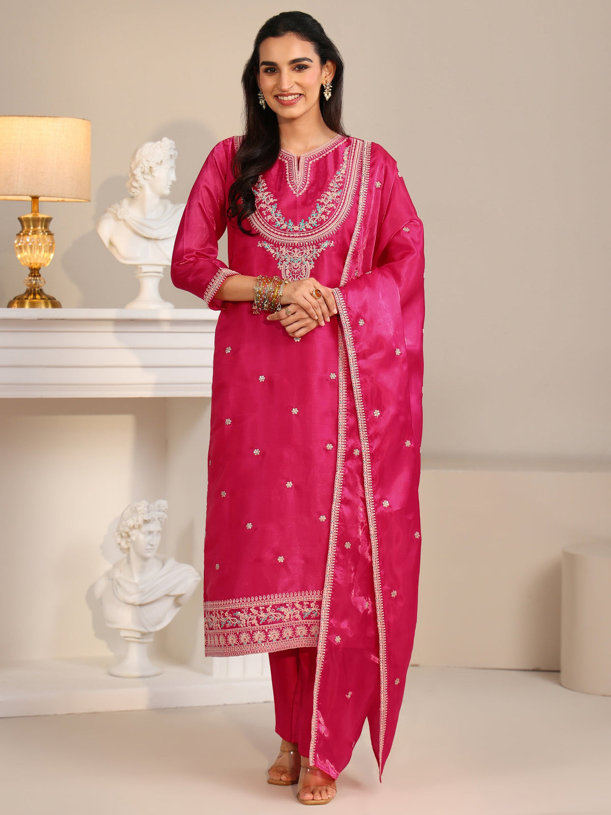 Anouk Rani Pink Ethnic Embroidered Tissue Straight Suit Set