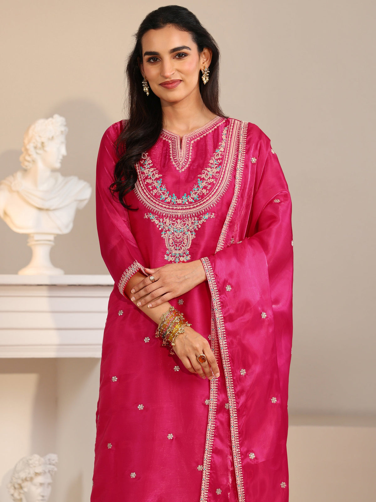 Anouk Rani Pink Ethnic Embroidered Tissue Straight Suit Set