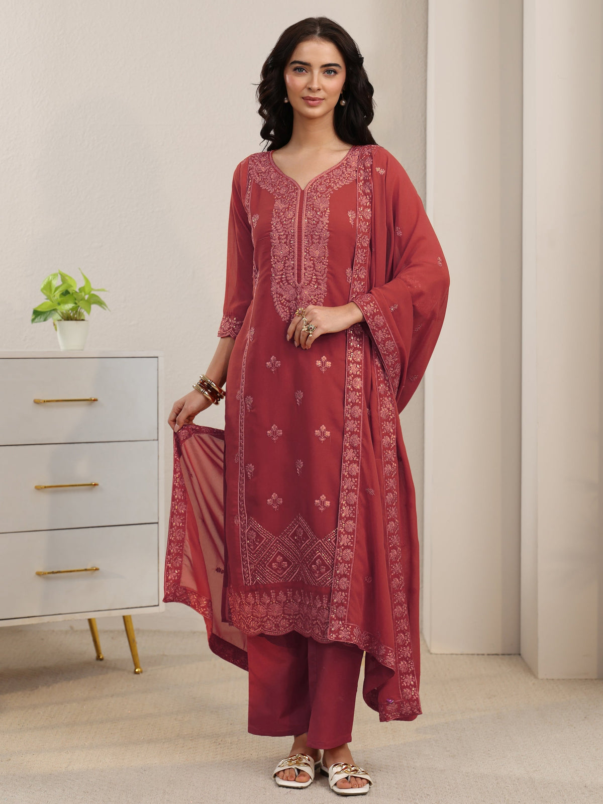 Anouk Rust Red Floral Embroidered Georgette Straight Suit Set