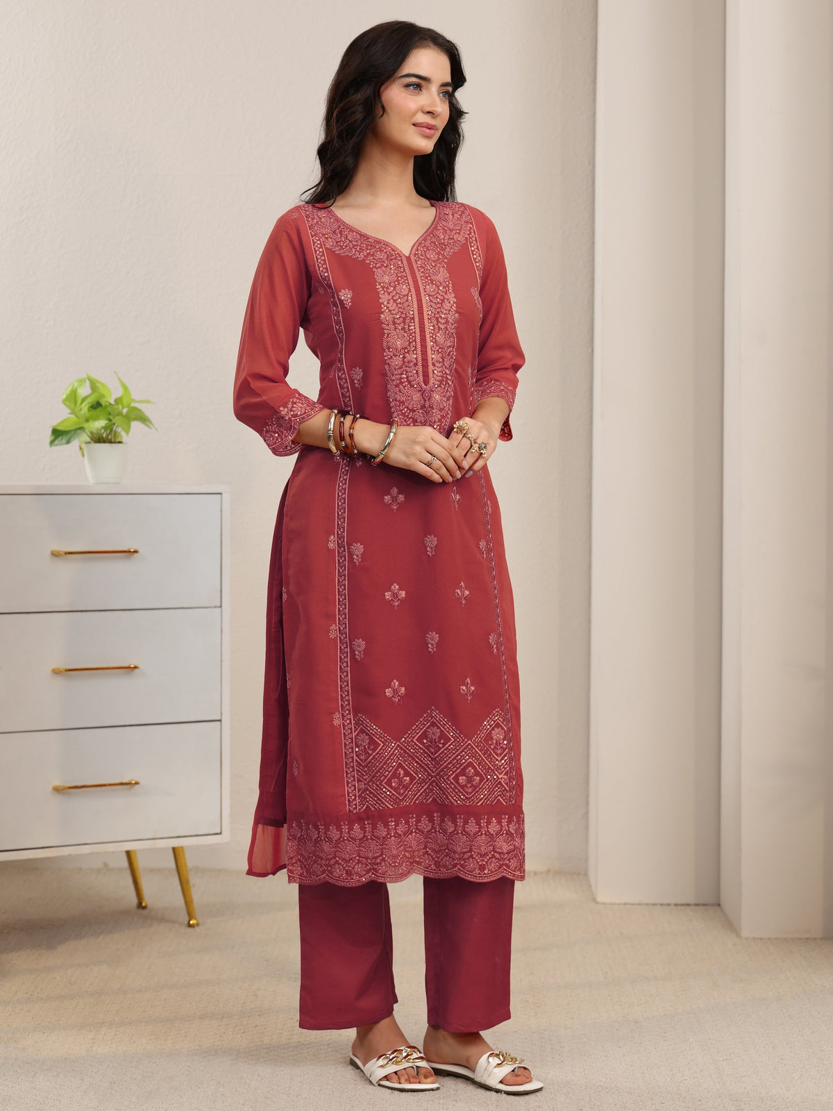 Anouk Rust Red Floral Embroidered Georgette Straight Suit Set