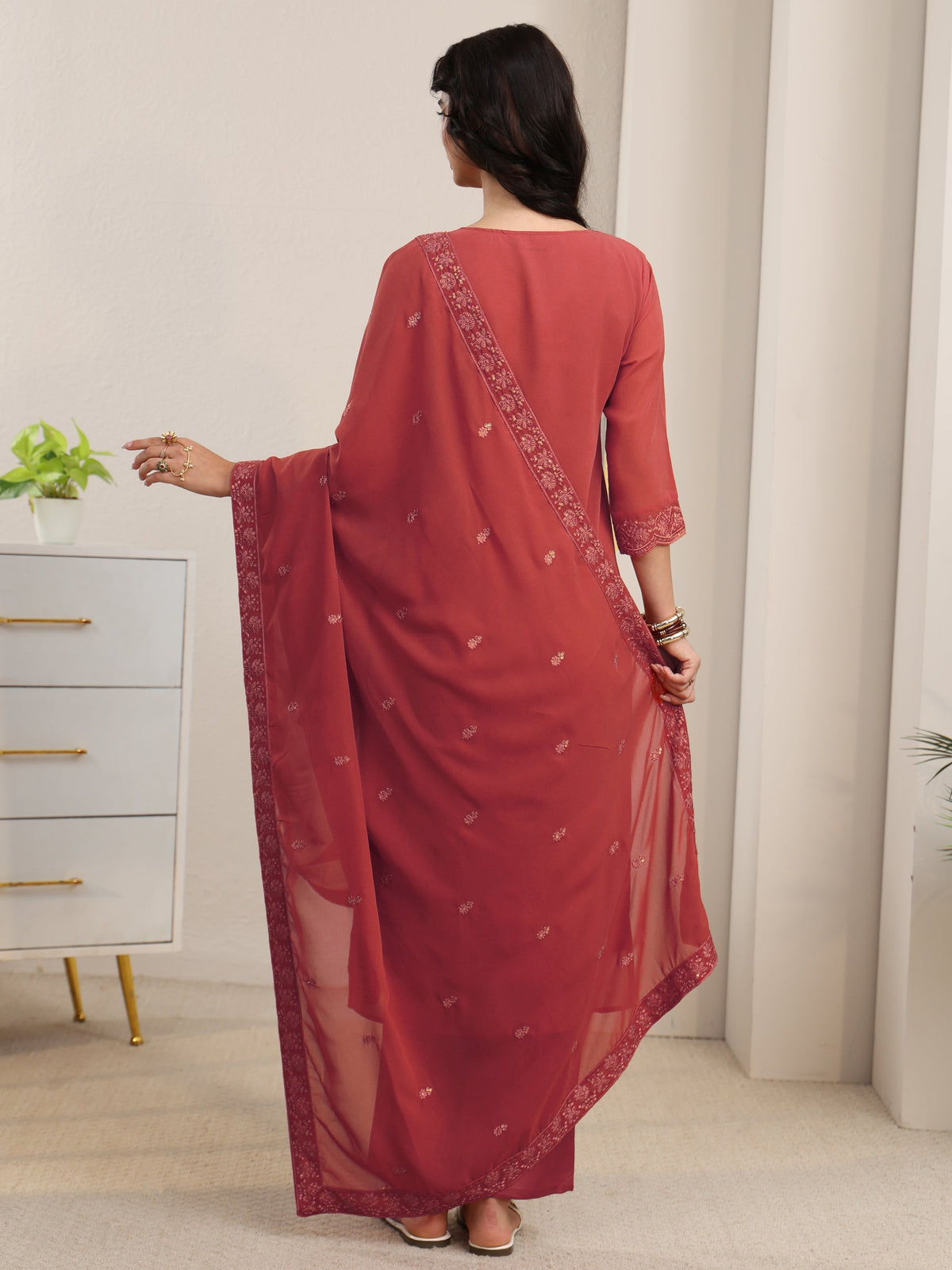 Anouk Rust Red Floral Embroidered Georgette Straight Suit Set