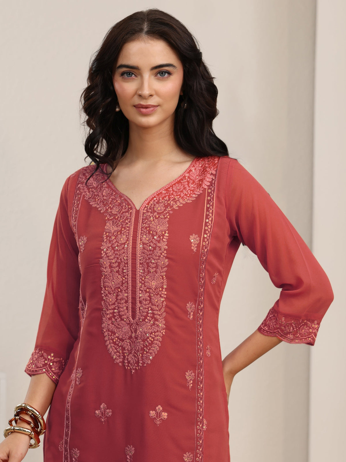 Anouk Rust Red Floral Embroidered Georgette Straight Suit Set