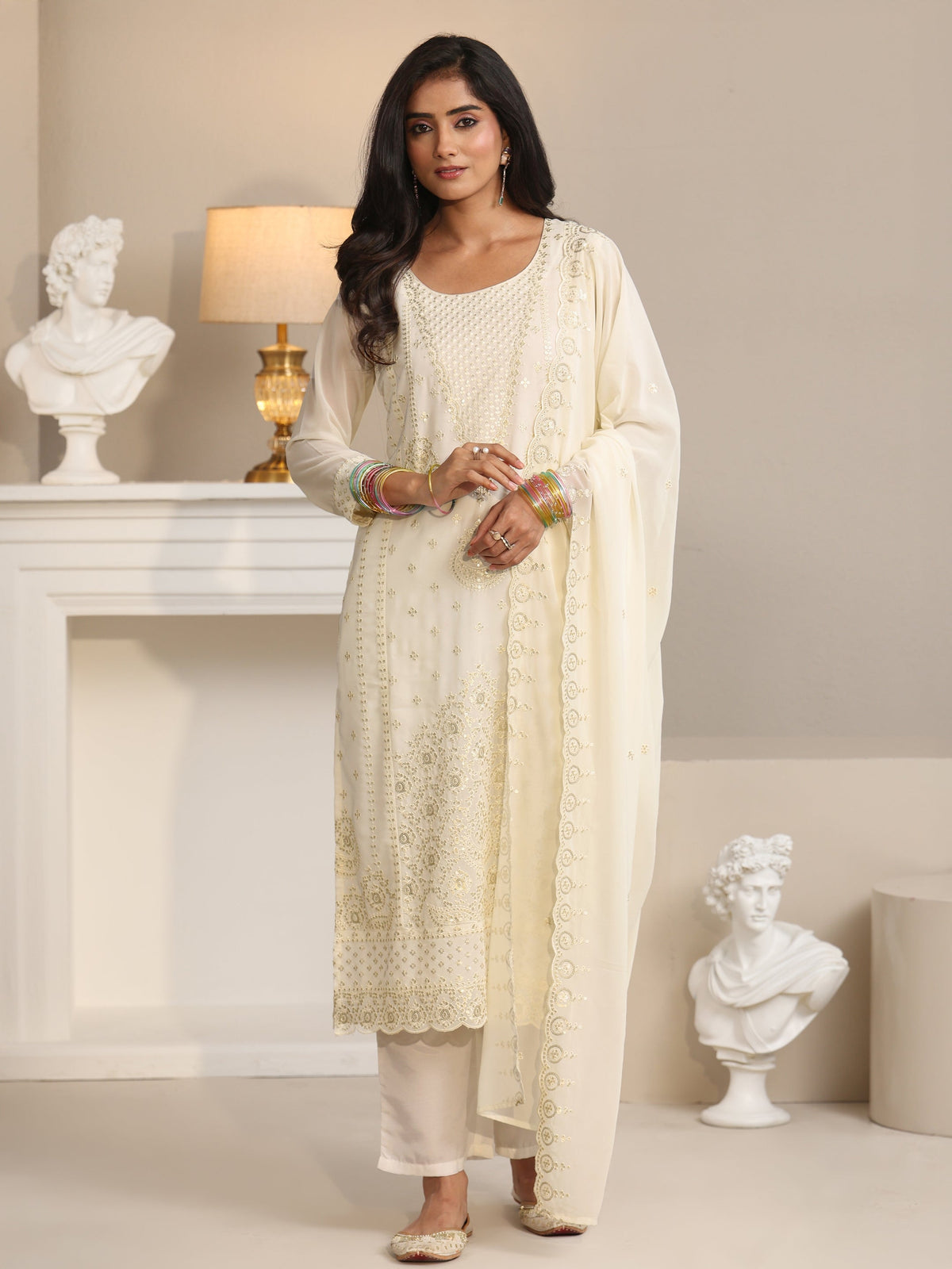 Anouk Off White Embroidered Georgette Straight Suit Set