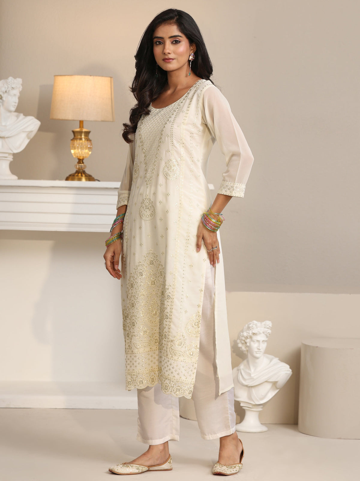 Anouk Off White Embroidered Georgette Straight Suit Set