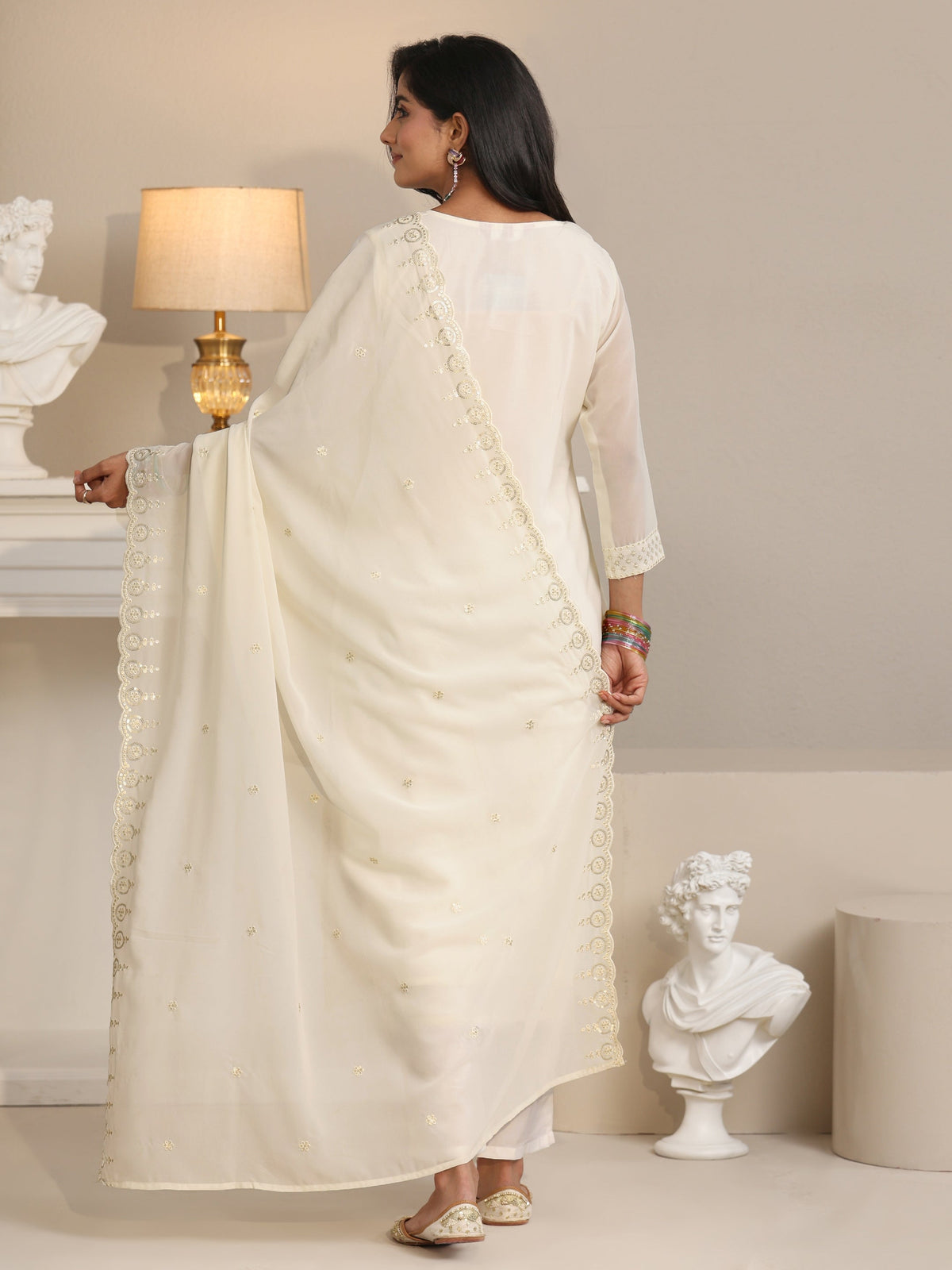 Anouk Off White Embroidered Georgette Straight Suit Set