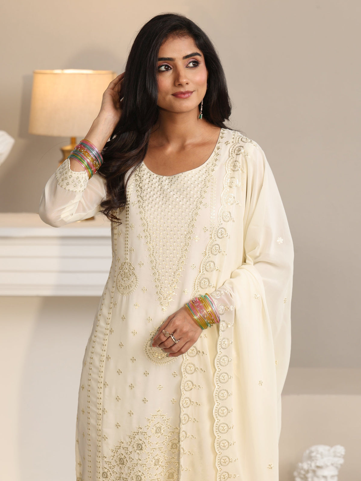 Anouk Off White Embroidered Georgette Straight Suit Set