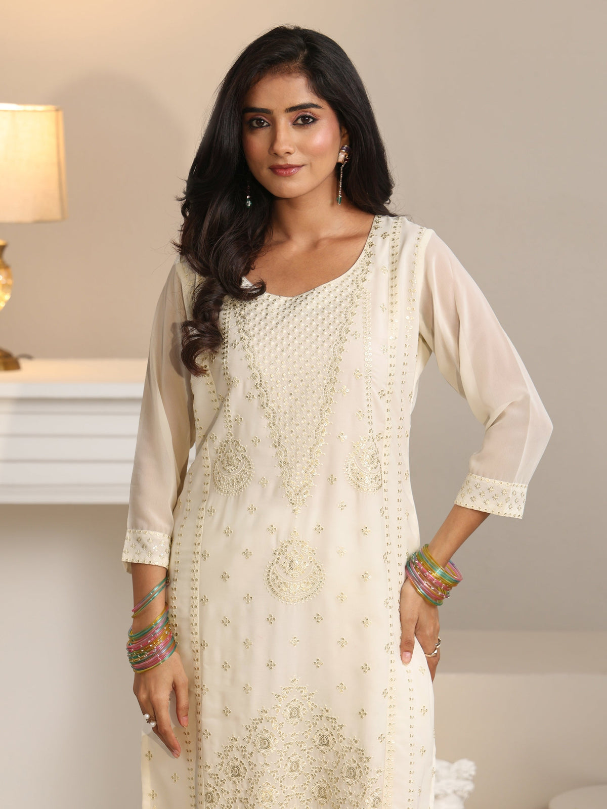 Anouk Off White Embroidered Georgette Straight Suit Set