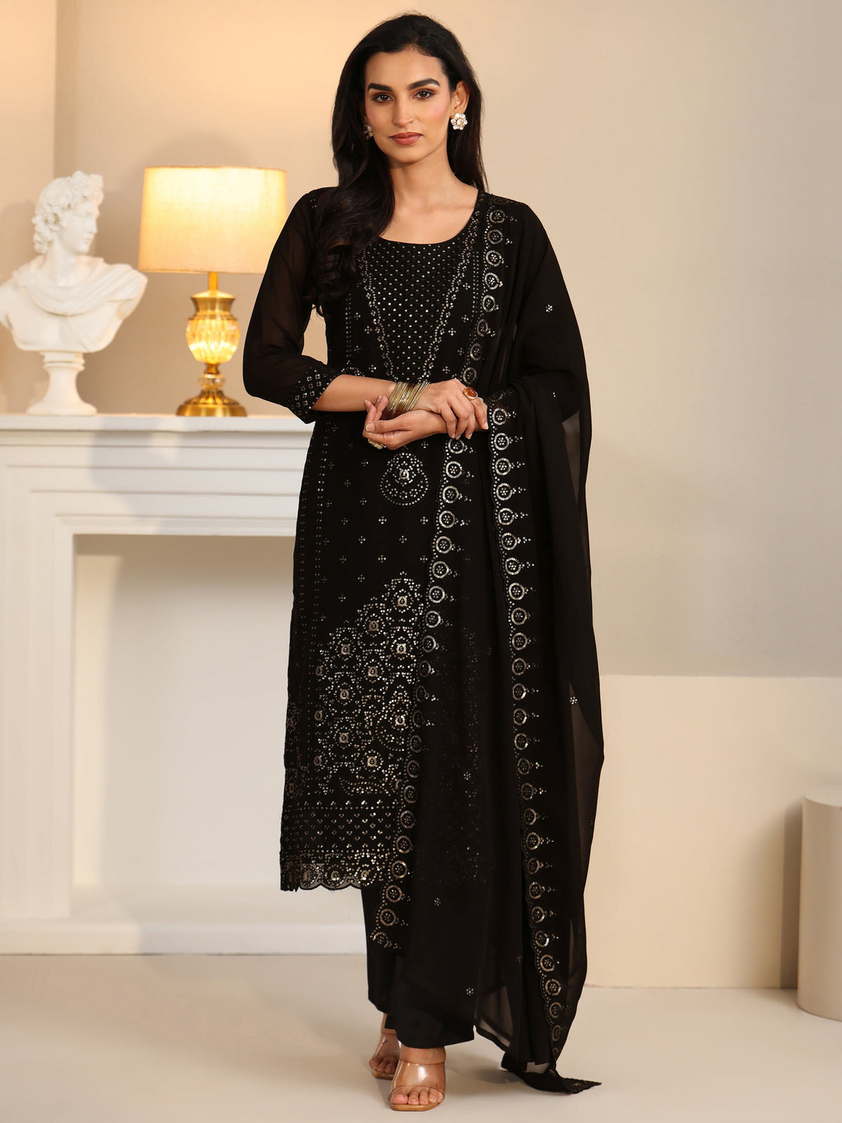 Anouk Black Embroidered Georgette Straight Suit Set