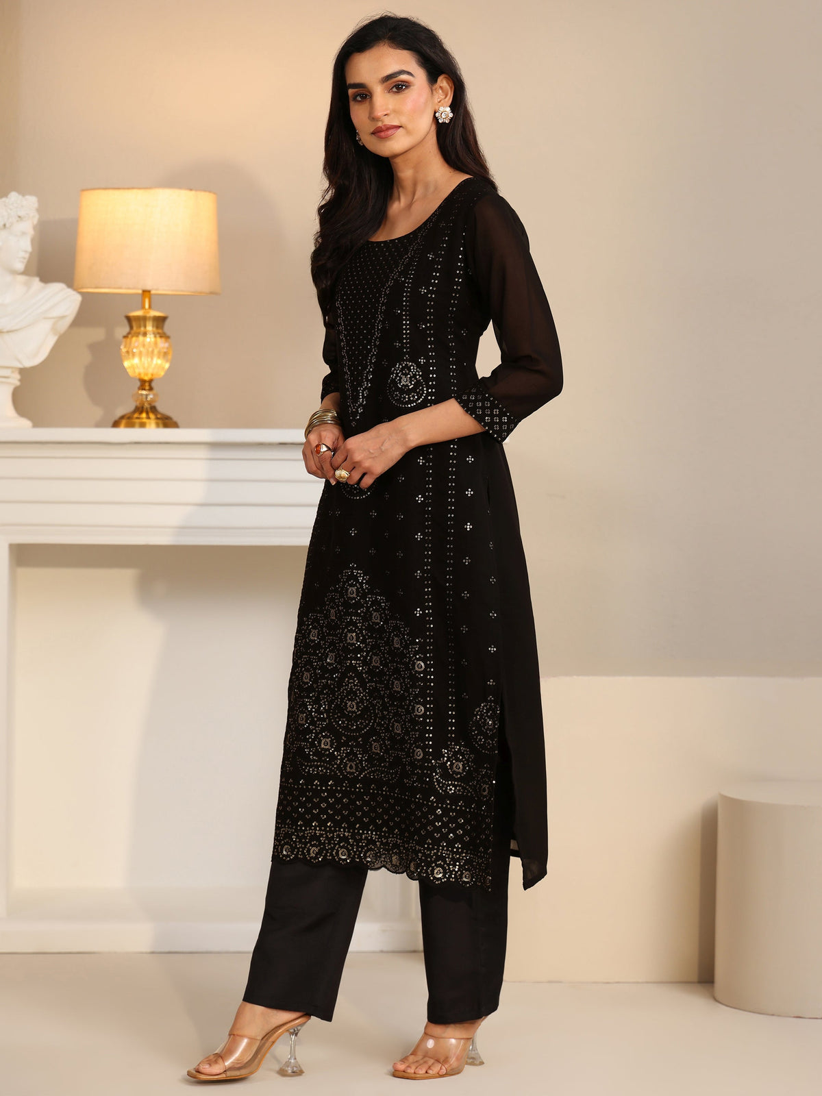 Anouk Black Embroidered Georgette Straight Suit Set