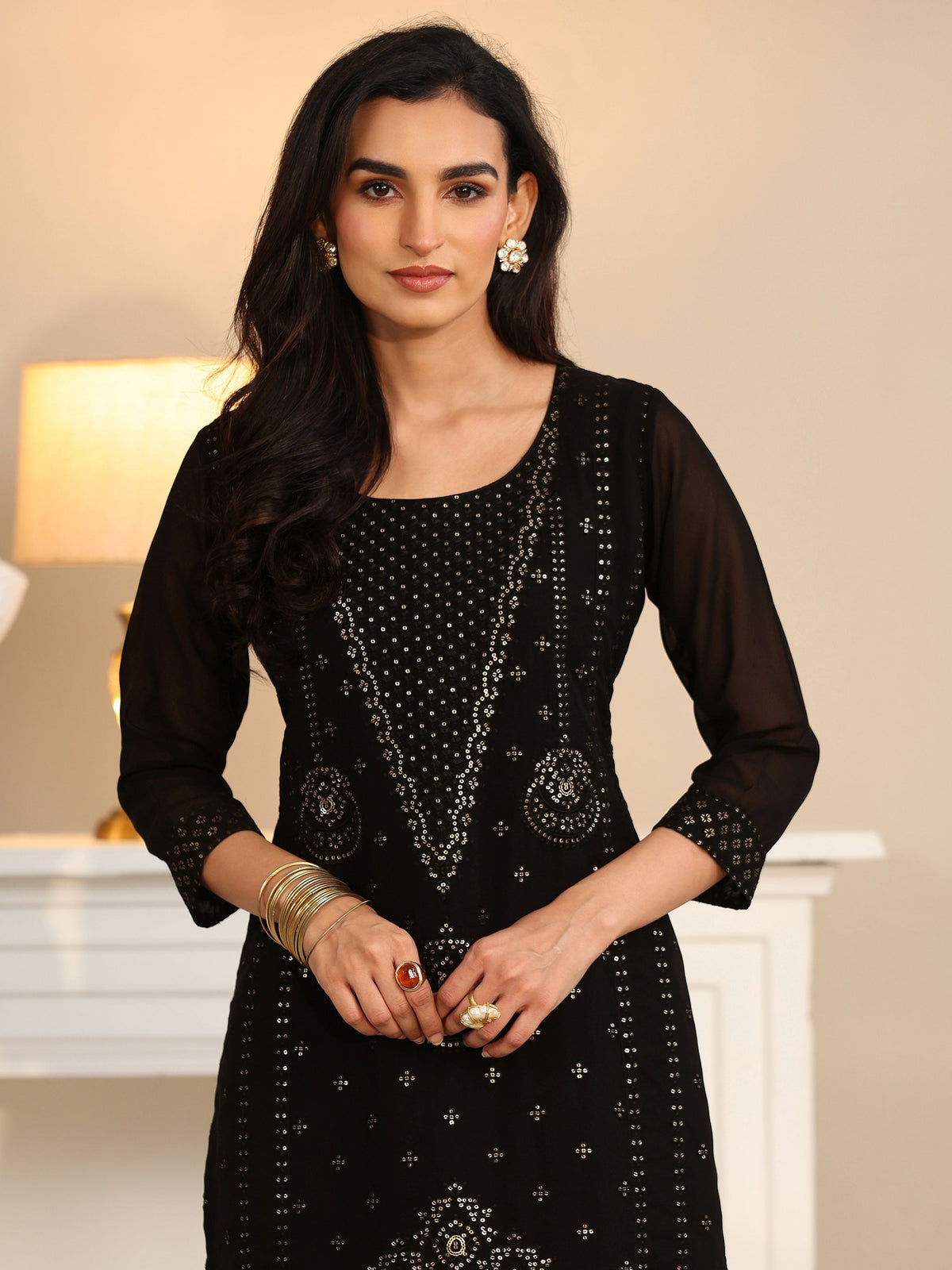 Anouk Black Embroidered Georgette Straight Suit Set