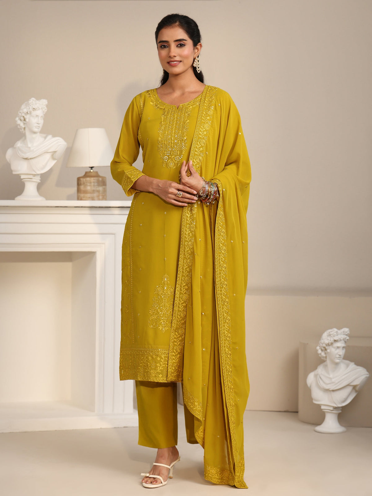 Anouk Mustard Floral Embroidered Georgette Straight Suit Set