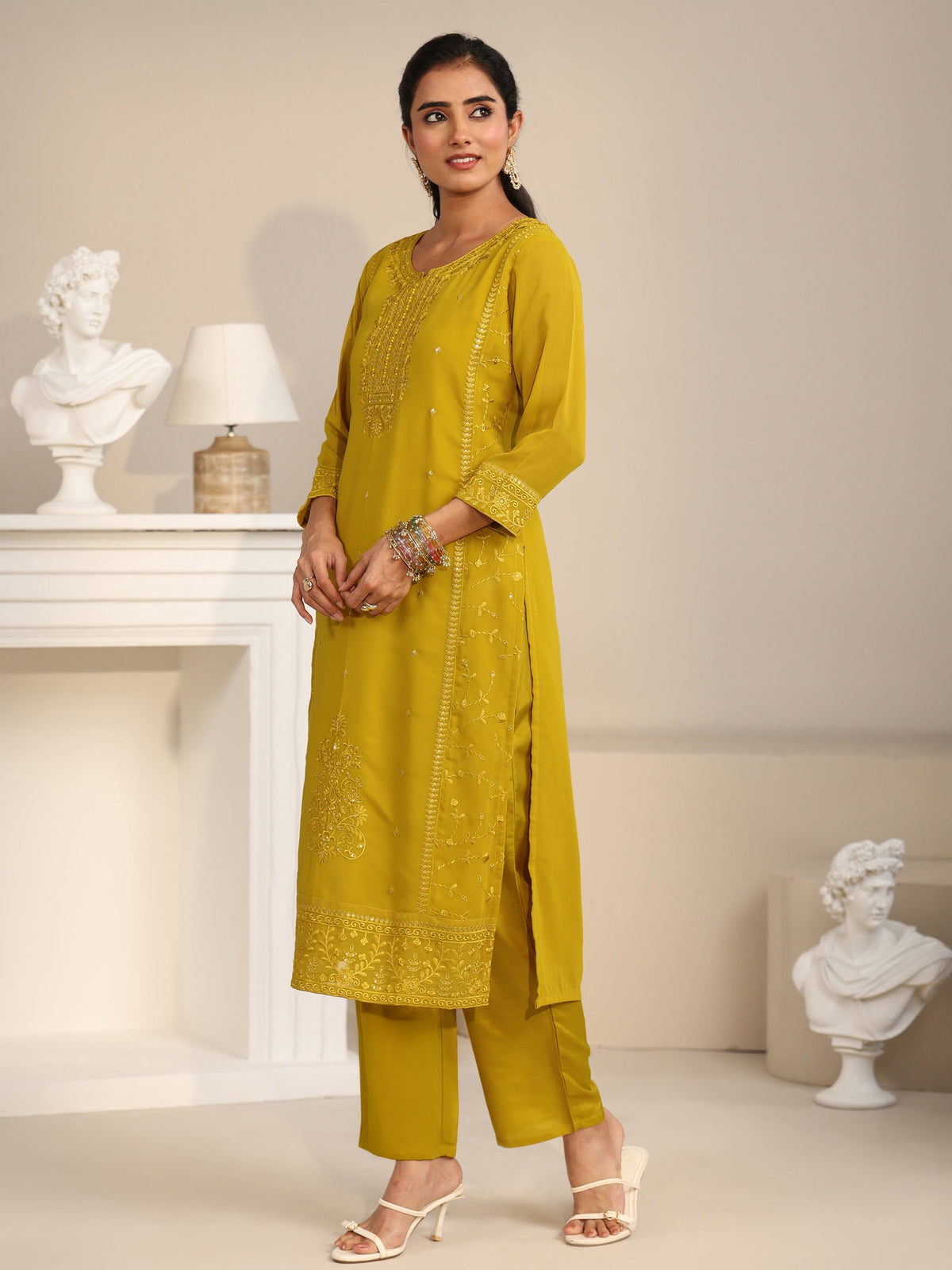 Anouk Mustard Floral Embroidered Georgette Straight Suit Set