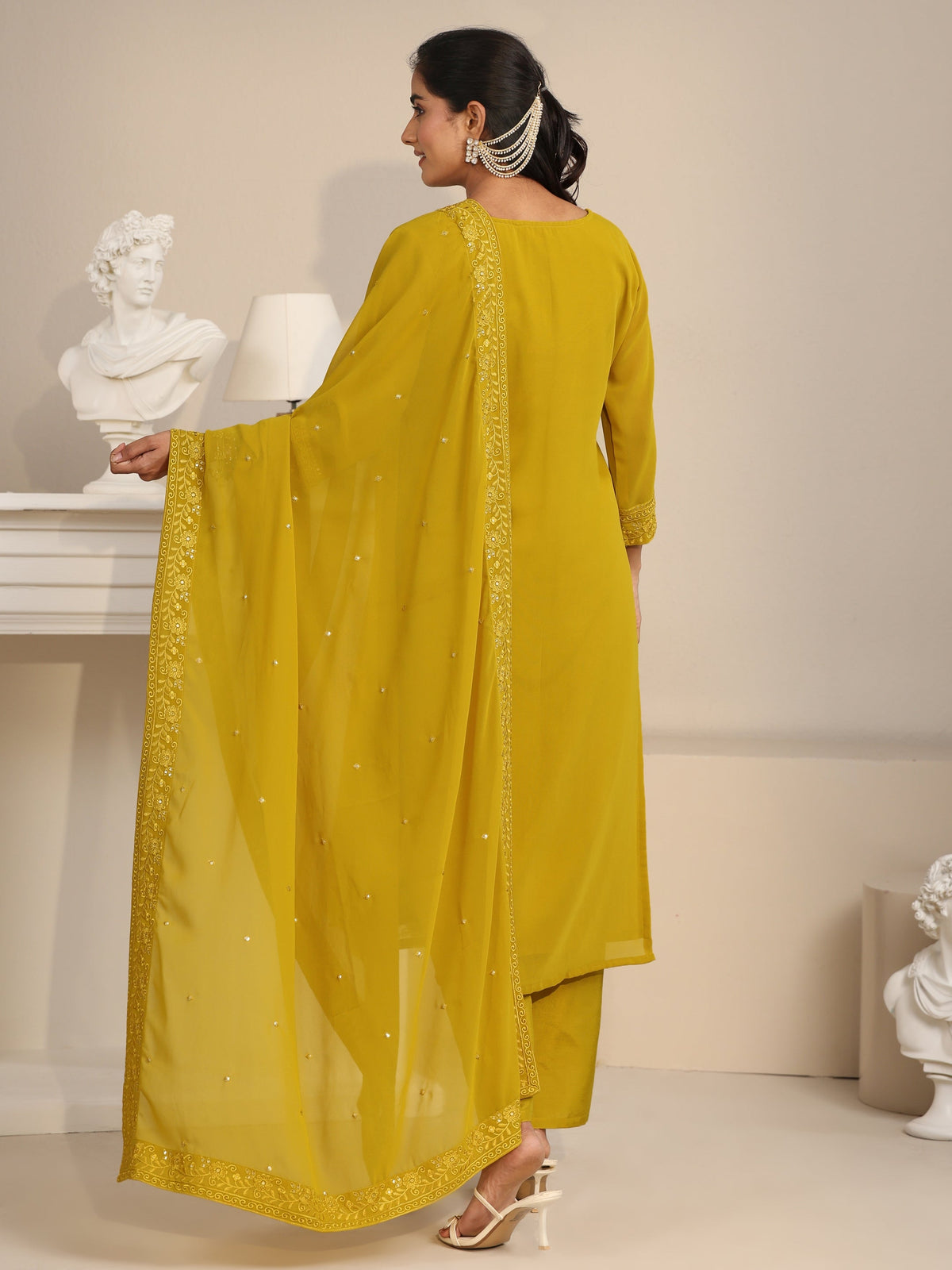 Anouk Mustard Floral Embroidered Georgette Straight Suit Set