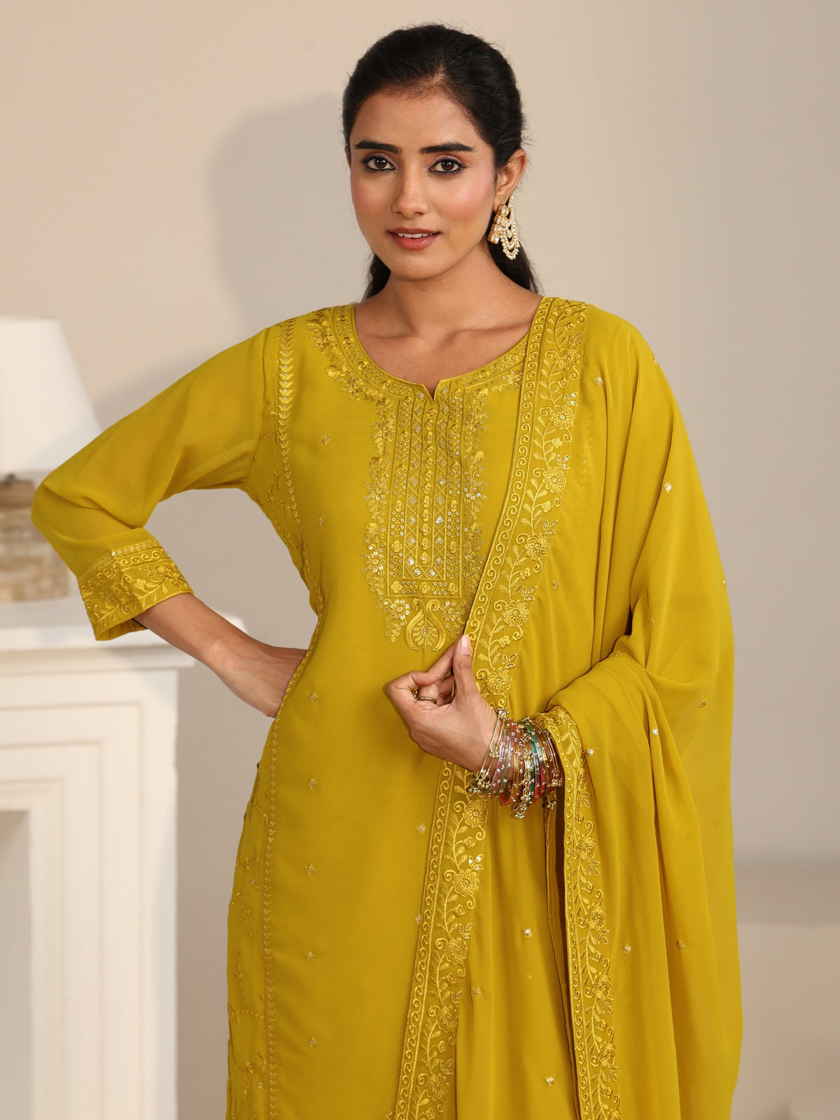 Anouk Mustard Floral Embroidered Georgette Straight Suit Set