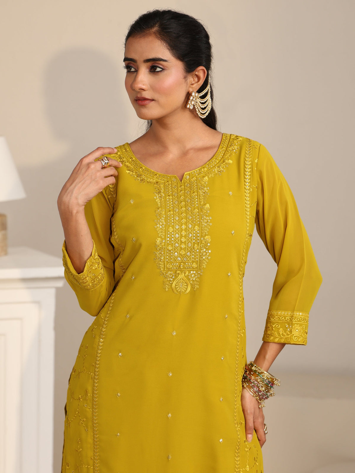 Anouk Mustard Floral Embroidered Georgette Straight Suit Set