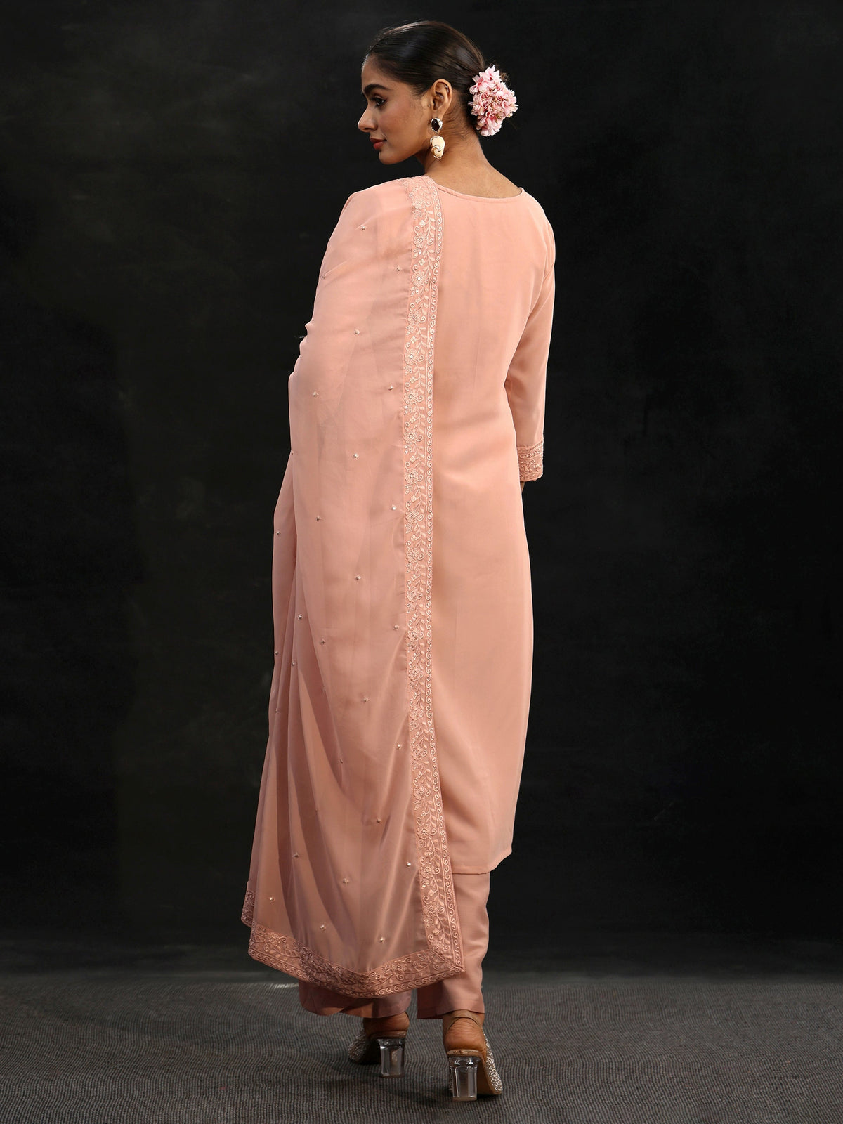 Anouk Peach Embroidered Georgette Straight Suit Set