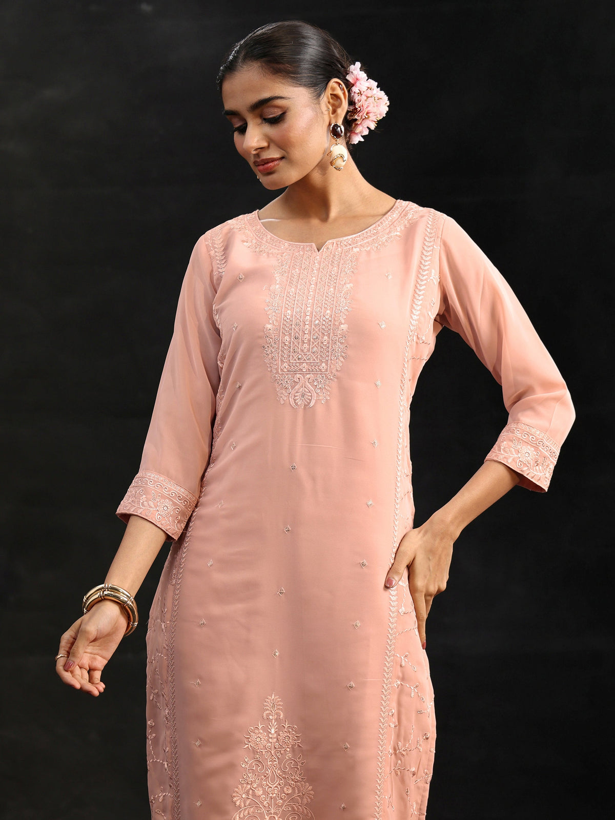 Anouk Peach Embroidered Georgette Straight Suit Set
