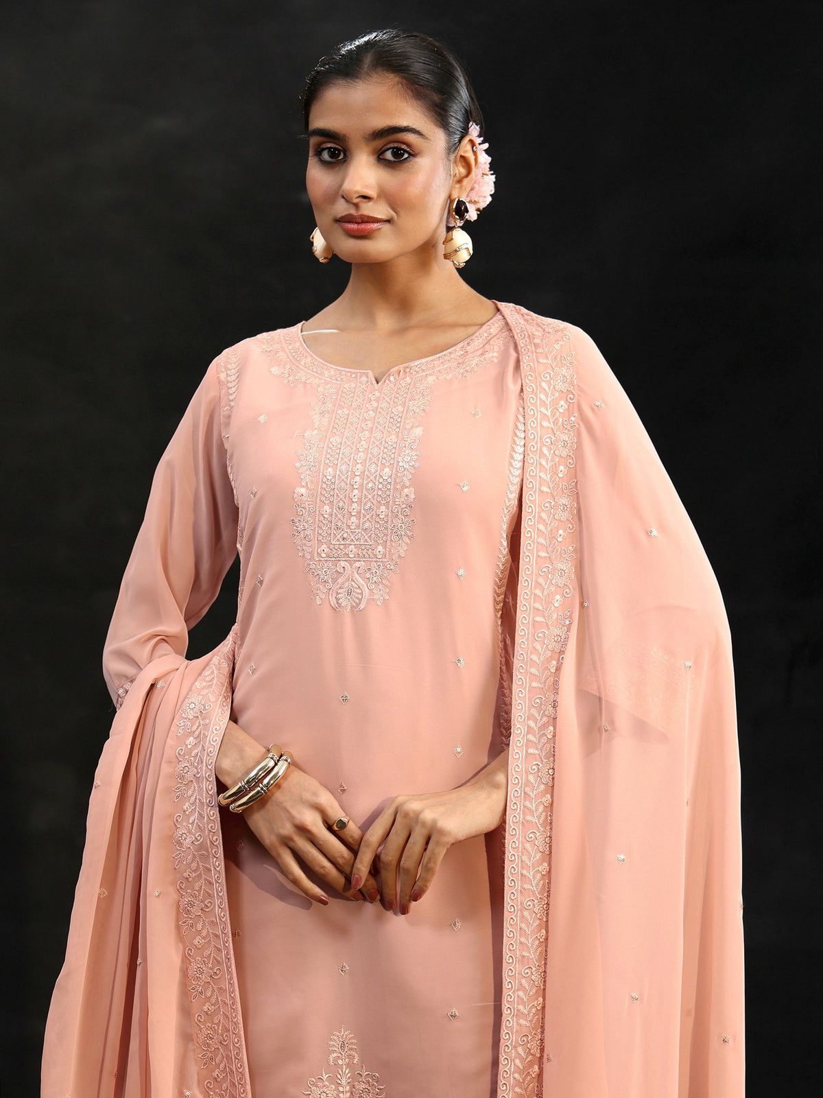 Anouk Peach Embroidered Georgette Straight Suit Set
