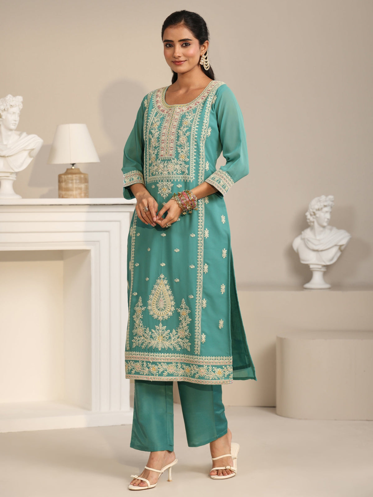 Anouk Sea Green Floral Embroidered Georgette Straight Suit Set