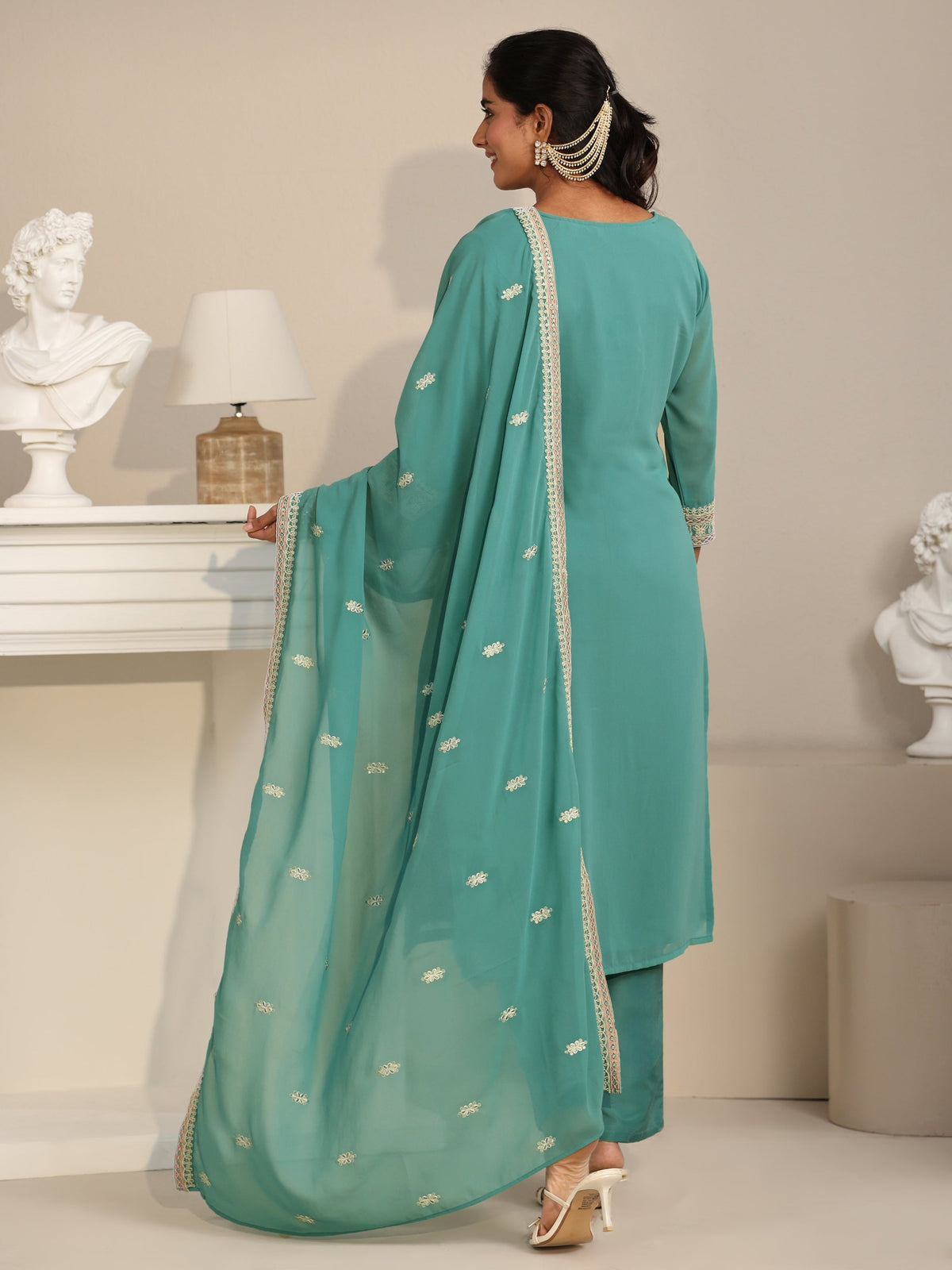 Anouk Sea Green Floral Embroidered Georgette Straight Suit Set