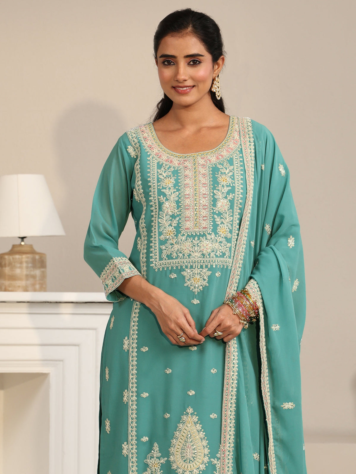 Anouk Sea Green Floral Embroidered Georgette Straight Suit Set