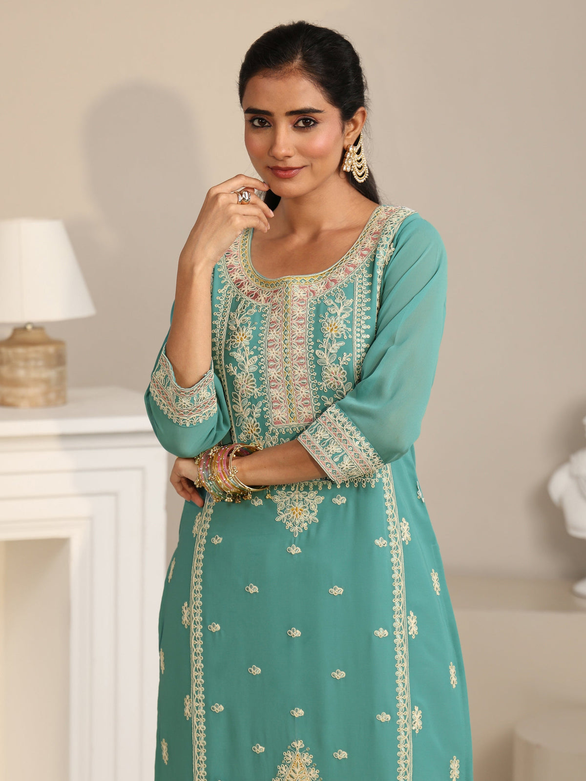 Anouk Sea Green Floral Embroidered Georgette Straight Suit Set