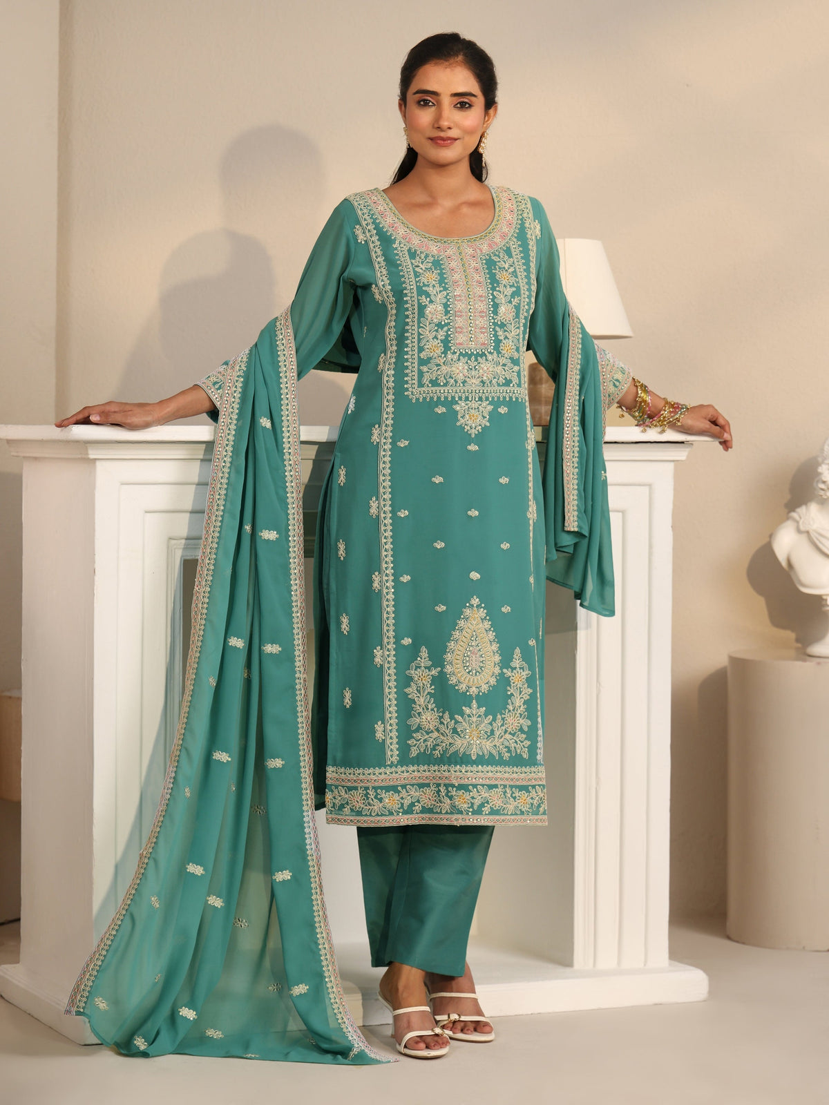 Anouk Sea Green Floral Embroidered Georgette Straight Suit Set