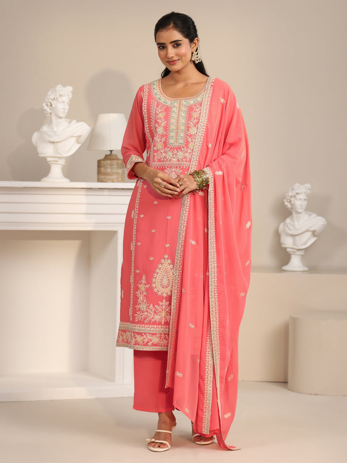 Anouk Coral Floral Embroidered Georgette Straight Suit Set